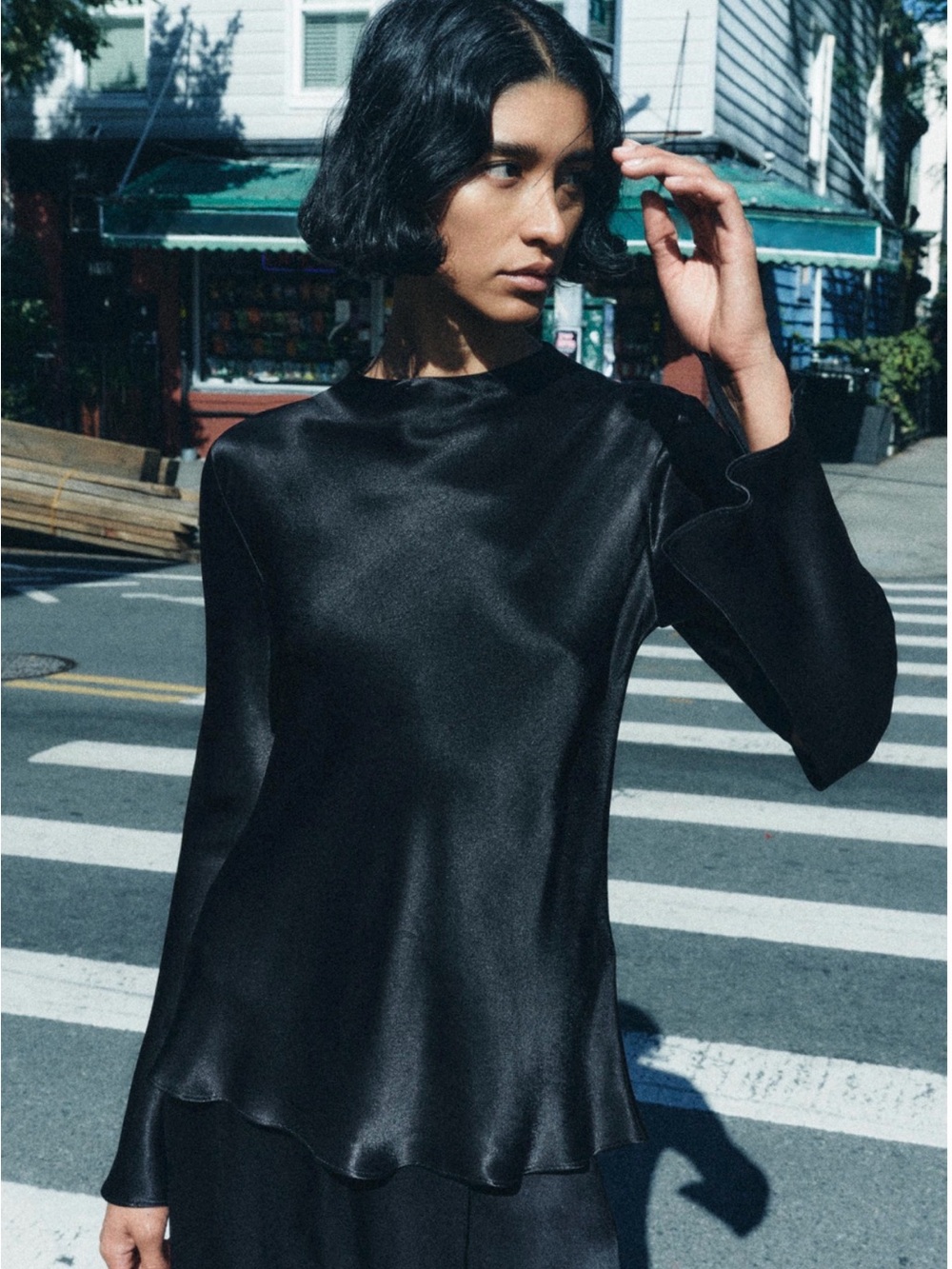 ZARA Black Satin High-Neck Long Sleeve Top | Size M | Sleek Minimalist
